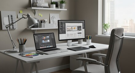 Modern home office setup with dual monitors, laptop, and design tools. Minimalist workspace for graphic designer or web developer. Gray interior with natural light.