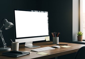 Modern designer workspace with computer monitor on wooden desk. Creative office setup with lamp, plant, and stationery. Professional work environment for digital art and design.