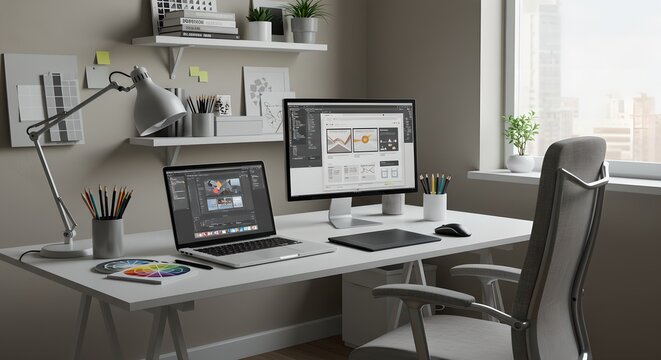 Modern home office setup with dual monitors, laptop, and design tools. Minimalist workspace for graphic designer or web developer. Gray interior with natural light. - Powered by Adobe