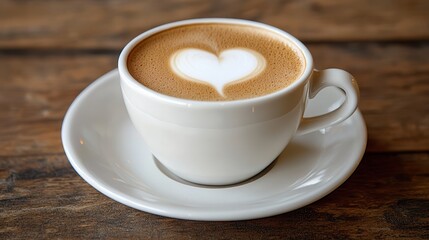 Fototapeta premium A steaming cup of coffee featuring a heart-shaped design in the frothy foam, showcasing a warm and inviting beverage experience.