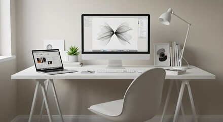 Minimalist home office setup with white desk, computer, and laptop. Modern workspace for graphic designer or digital artist. Clean and organized interior design concept.