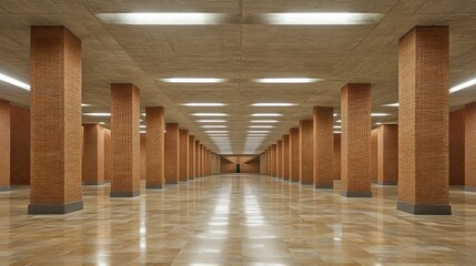 Naklejka premium A long hallway features a prominent clock mounted on the wall, creating a sense of time and space in the architectural design.