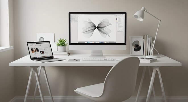 Minimalist home office setup with white desk, computer, and laptop. Modern workspace for graphic designer or digital artist. Clean and organized interior design concept.