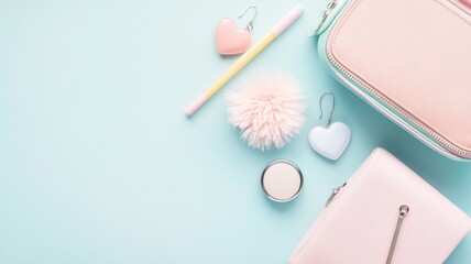 Pastel aesthetic with accessories and stationery on mint background