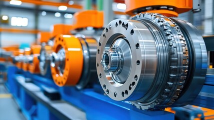 Obraz premium A detailed close-up of a factory machine featuring prominent orange wheels, showcasing industrial design and functionality in a manufacturing environment.