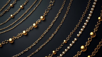 Elegant Golden Jewelry on Black Background: Rings, Chains, Necklaces
