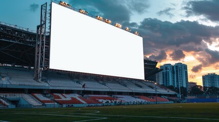 Blank mockup white screen in stadium with dark cloudy sky