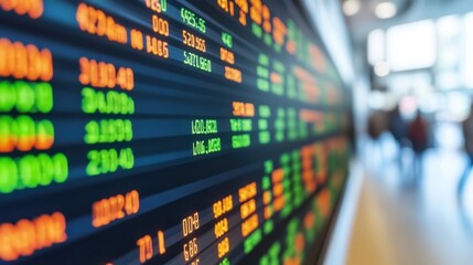 A detailed view of a stock information display on a wall inside a modern building, showcasing financial data and market trends.