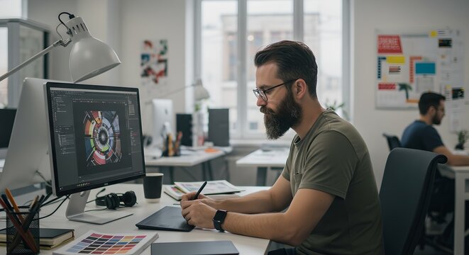 Graphic designer working on creative project in modern office. Man using computer and drawing tablet. Digital art, branding, and visual identity concept in workspace