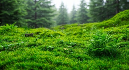 Fototapeta premium Lush green forest floor with ferns and moss under a canopy of pine trees in rain