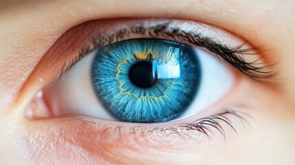 Fototapeta premium A detailed close-up of a human eye showcasing a vibrant blue iris, highlighting its intricate textures and patterns.