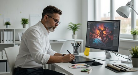 Caucasian man working on digital art at modern office desk. Graphic designer creating vibrant abstract image on computer. Creative workspace with drawing tablet