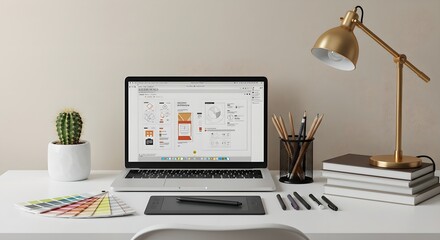Designer workspace with laptop displaying ux wireframes, color swatches, and office supplies. Modern creative professional setup for graphic and web design projects.