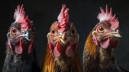 Naklejka premium Closeup of three chicken with different colours (dark brown, black and brown) looking into the camera.