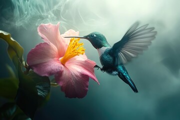 A vibrant hummingbird hovers near a delicate pink flower, wings outstretched in mid-flight.
