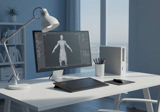 3D character modeling workspace with computer, graphics tablet, and desk lamp. Digital artist office setup for game design and animation projects