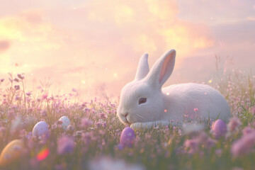 Obraz premium A serene Easter Bunny lounging in a field of wildflowers, with sparkling Easter eggs scattered around it and a gentle, pastel-colored sky.