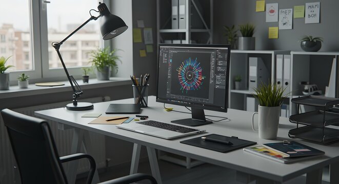 Modern graphic designer workspace with computer showing color wheel. Creative office interior with desk, lamp, and plants. Professional digital art setup in contemporary studio.
