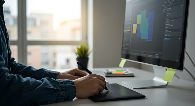 Designer working on computer in modern office. Man using graphic tablet for digital artwork. Professional workspace with multiple monitors displaying data visualization.
