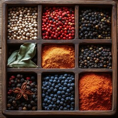 Wooden box filled with an assortment of flavorful spices and aromatic herbs.