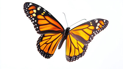 Flying orange monarch butterfly insect isolated on a white or white background , animal.