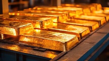 A factory conveyor belt transports numerous gold bars, showcasing the industrial process of gold handling and production.