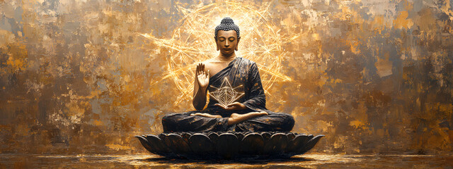A Buddha with a lotus flower, sitting cross-legged and floating in the air
