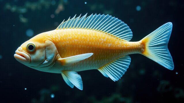 A vibrant orange fish with distinct fins and scales swims in a dark aquatic environment.