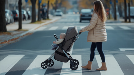 Mother crossing street with baby stroller on pedestrian crossing