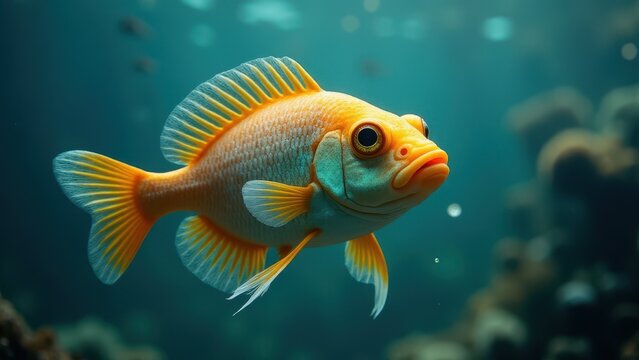 A vibrant fish with bright orange and yellow hues swims gracefully in a clear underwater environment.