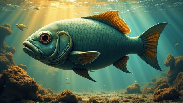 A fish swims underwater, illuminated by sunlight filtering through the water, with other smaller fish and rocky formations in the background