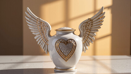 Elegant winged urn with heart motif in sunlit setting for memorial design