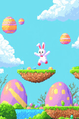 A retro pixel-art Easter Bunny inside an 8-bit video game, hopping across platforms made of giant candy Easter eggs.
