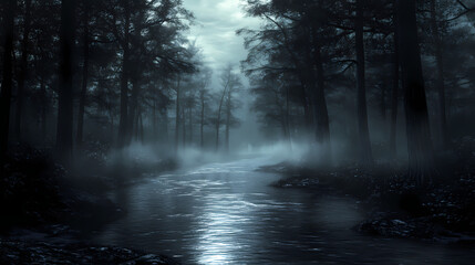 Fototapeta premium Dark forest river flows through a spooky and foggy forest at night. Surreal Haunted Forest. Illustration