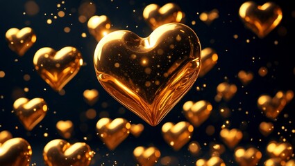 Obraz premium Glowing golden hearts floating on dark love background