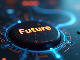 Futuristic button showing future glowing orange and choosing path forward