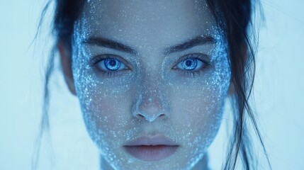 Fototapeta premium A woman with striking blue eyes and a pale complexion gazes softly, showcasing her unique features and captivating presence.