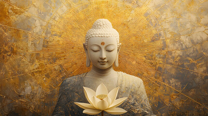 A Buddha with a lotus flower, sitting cross-legged and floating in the air
