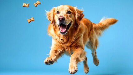Golden retriever joyfully catches treat in midair