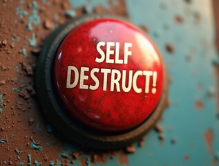 Big red self destruct button on grungy control panel