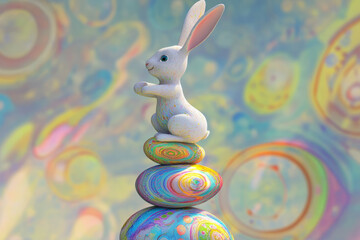A playful Easter Bunny balancing on a stack of colorful Easter eggs, its ears flopping as it tries to keep steady in the soft spring breeze.
