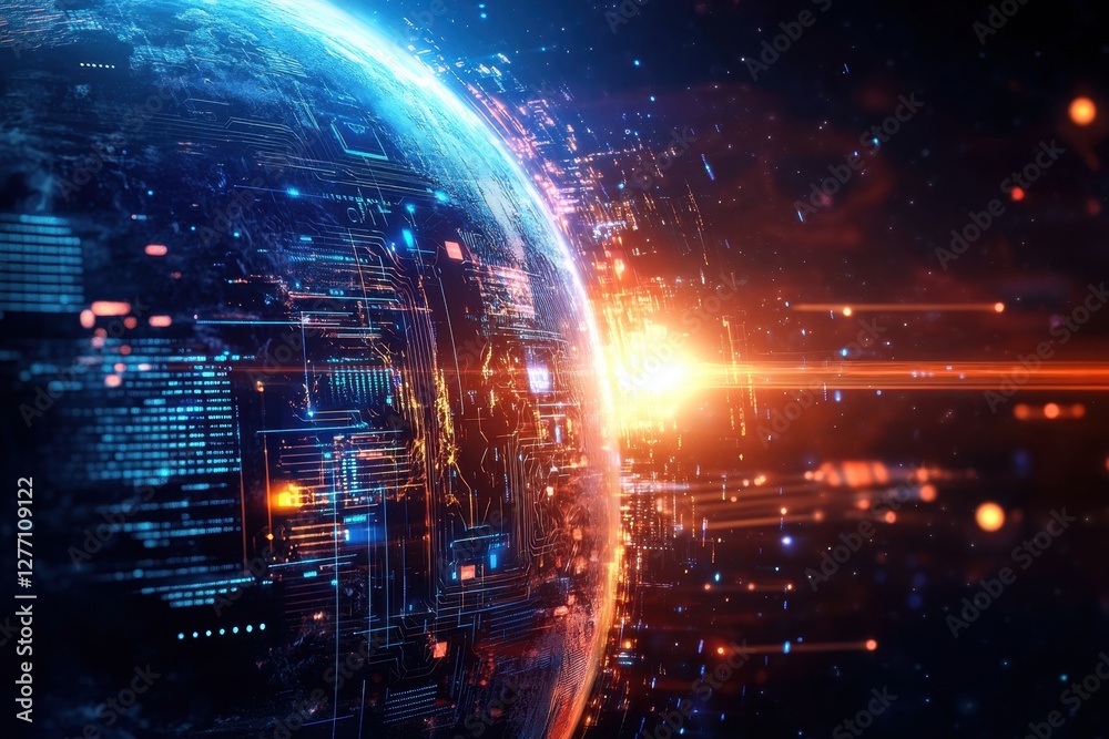 Poster digital visualization of a futuristic planet with glowing energy rays and circuit patterns