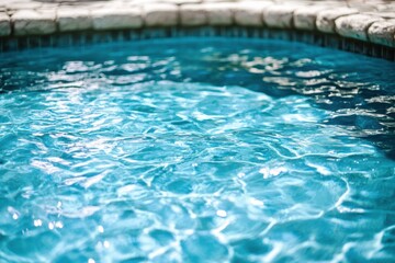 A tranquil pool showcases shimmering blue water surrounded by a pristine white pool deck, inviting relaxation and leisure in a serene setting.