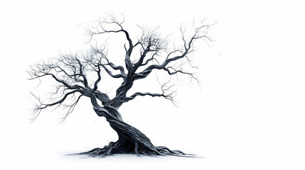 Obraz premium Eerie twisted gray tree against plain white background. Surreal Haunted Forest. Illustration