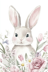 Obraz premium A soft watercolor Easter Bunny nestled among a bouquet of tulips, roses, and daisies, with a delicate pastel color palette, perfect for greeting cards.