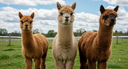 Naklejka premium Adorable trio of alpacas standing in a lush green pasture on a cloudy day