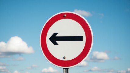 A circular road sign with a red border and a black arrow pointing left against a blue sky with clouds.