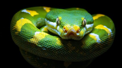 Fototapeta premium Green and yellow python coiled in a striking pose against a dark background