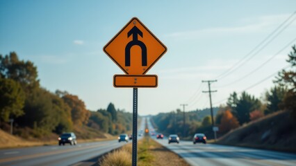A merging traffic sign on a highway with cars in the background
