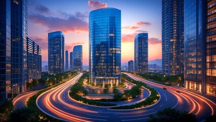 Fototapeta premium Illuminated urban road surrounded by modern high-rises
